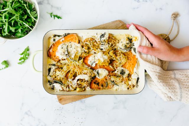 Lasagne met zoete aardappel, bloemkool en geitenkaas