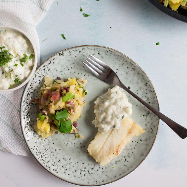 Wijtingfilet met Chinese kool en appeltzatziki